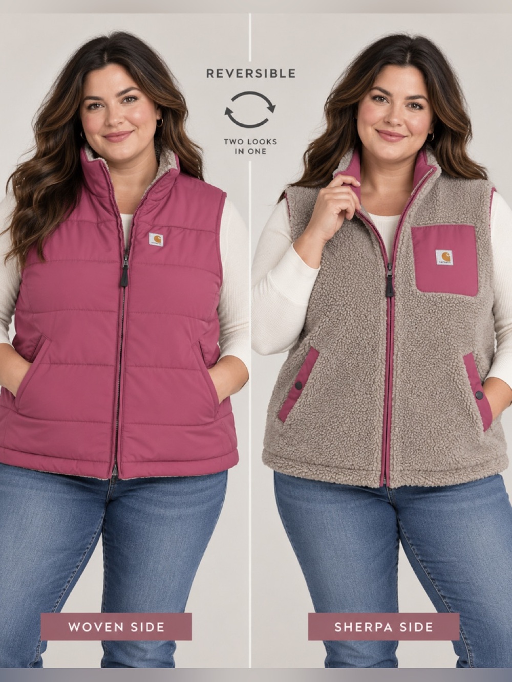 Carhartt Reversible Puffer & Sherpa Vest in Rose and Taupe
